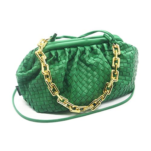 NAARIIAN Women casual soft PU stripes woven bag | cloud dumpling Ruched clutch purses | chain shoulder evening handbag (Green L)