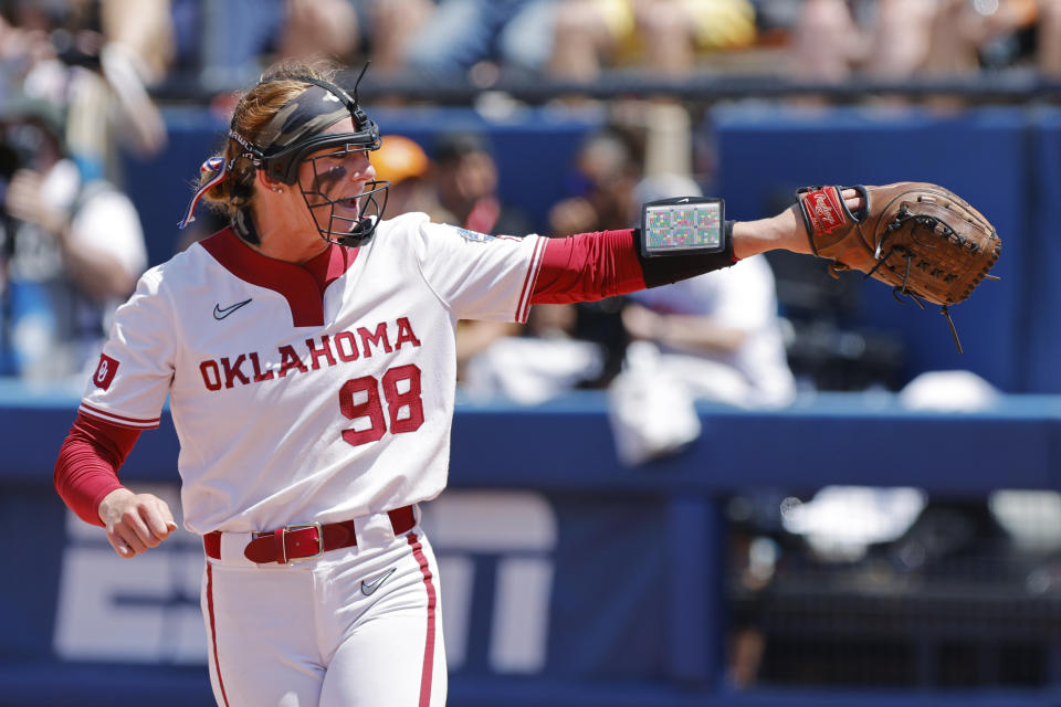 Oklahoma pitcher Jordyn Bahl celebrates after a strikeout against Tennessee during the third inning of an NCAA softball Women's College World Series game Saturday, June 3, 2023, in Oklahoma City. (AP Photo/Nate Billings)