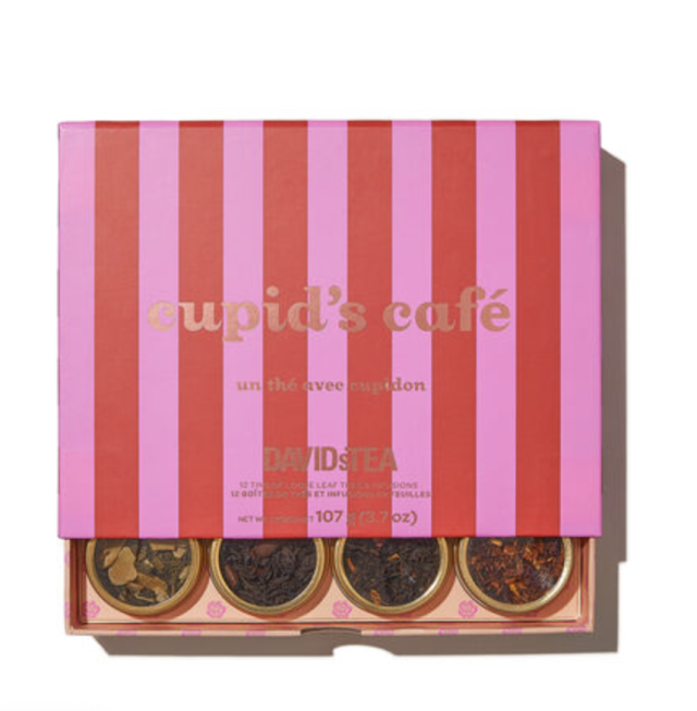 Cupid&#39;s Caf&#xe9; 12 Tea Sampler in pink and red striped box (photo via DavidsTea)