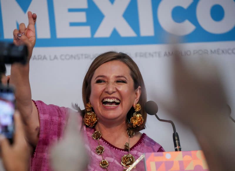 Mexican Senator Xochitl Galvez adresses her supporters after she registered for the Frente Amplio por Mexico opposition alliance's candidacy for the 2024 presidential election, in Mexico City