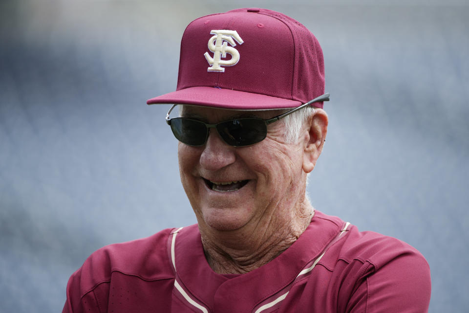 Florida State head coach Mike Martin attends practice for baseball's College World Series at TD Ameritrade Park, Friday, June 14, 2019, in Omaha, Neb. (Ryan Soderlin/Omaha World-Herald via AP)