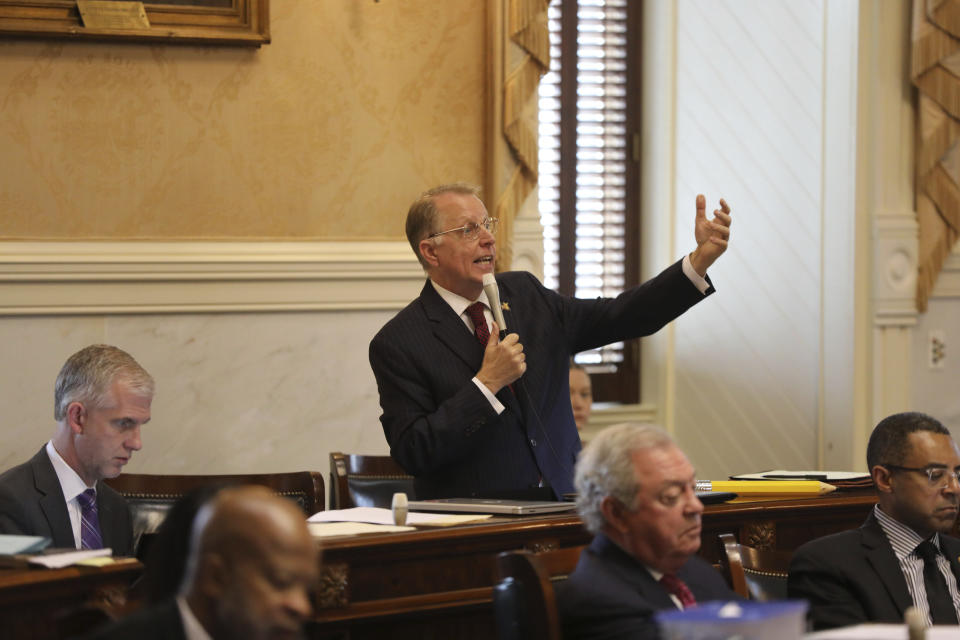 South Carolina Sen. Mike Fanning, D-Great Falls, speaks about a bill that would limit the land holdings of foreign adversaries in the state on Wednesday, March 22, 2023, in Columbia, S.C. (AP Photo/Jeffrey Collins)