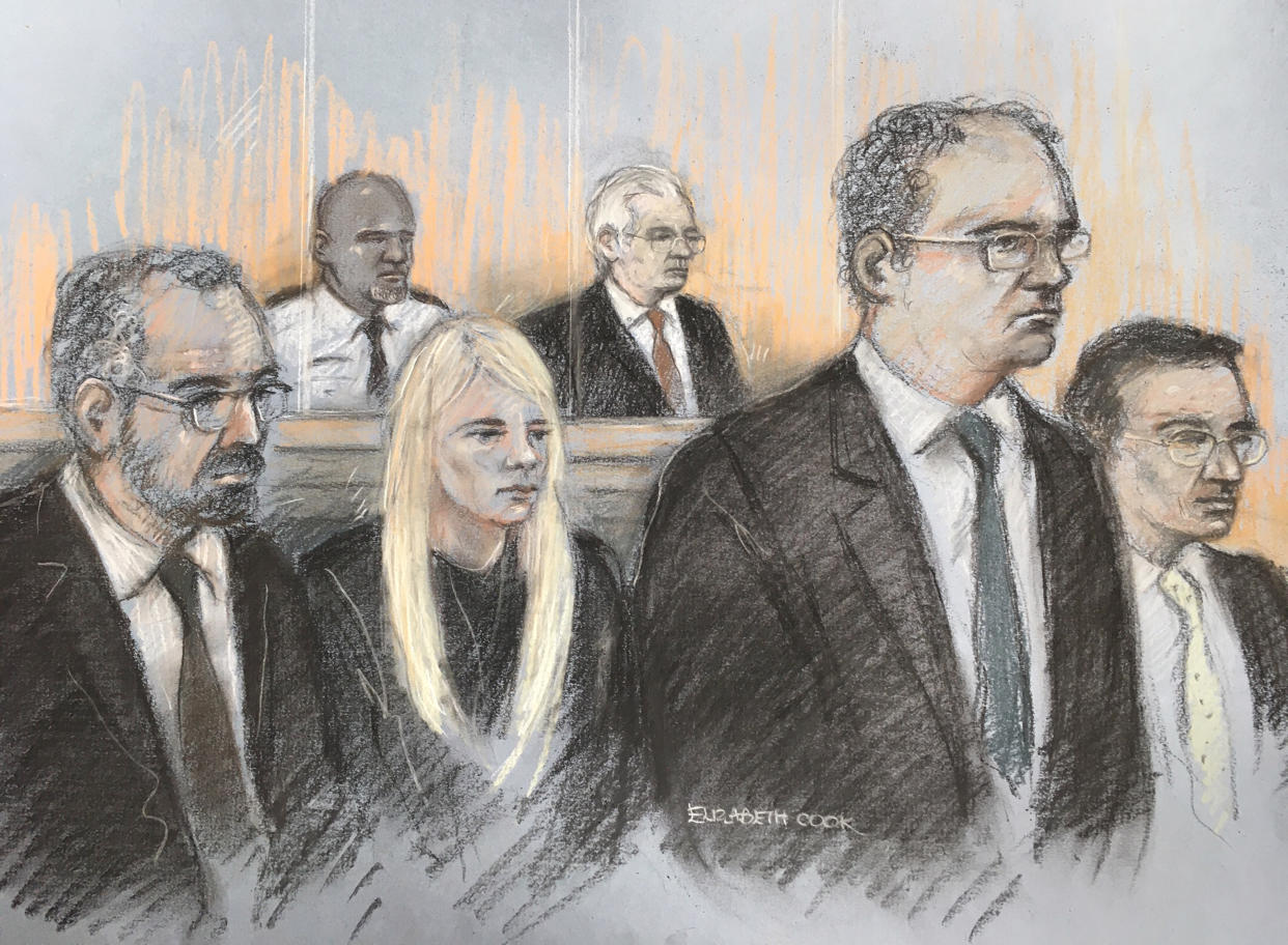 Court artist sketch of Julian Assange, his attorneys and lawyers for the U.S. authorities.