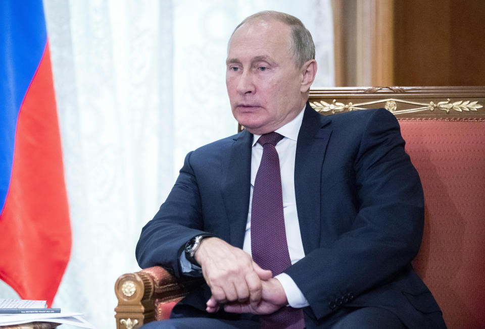 Russian President Vladimir Putin speaks during his meeting with Egyptian President Abdel-Fattah el-Sisi in Sochi, Russia, Wednesday, Oct. 17, 2018. (AP Photo/Pavel Golovkin, Pool)