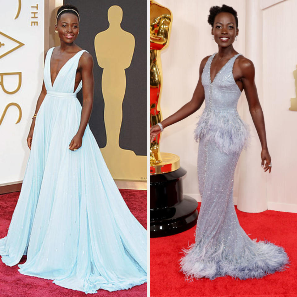 Lupita Nyong'o in a blue v-neck dress and a silver dress with feather details at events