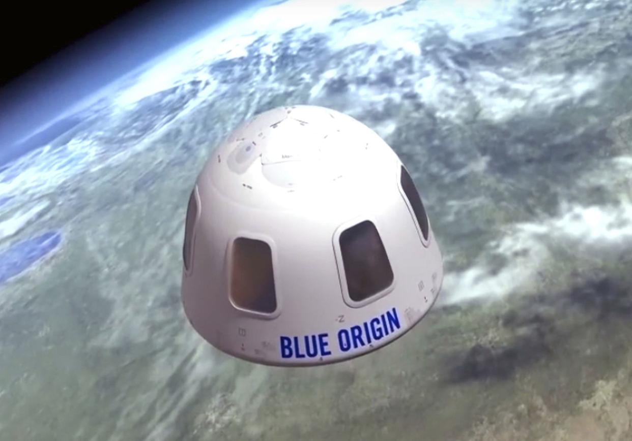 This undated file illustration provided by Blue Origin shows the capsule that is designed to carry tourists as they float through space.