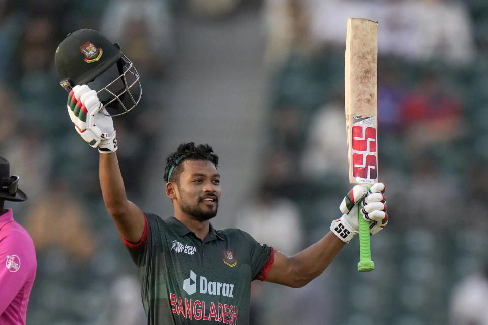Bangladesh's Najmul Hossain Shanto celebrates after scoring century during the Asia Cup cricket match between Bangladesh and Afghanistan in Lahore, Pakistan, Sunday, Sept. 3, 2023. (AP Photo/K.M. Chaudary)