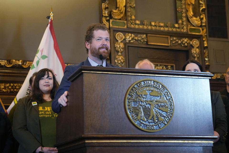 Minnesota State Rep. Zack Stephenson speaks before the bill signing by Minnesota Gov. Tim Walz to legalize recreational marijuana for people over the age of 21, making Minnesota the 23rd state to do so, Tuesday, May 30, 2023, in St. Paul, Minn. (AP Photo/Abbie Parr)