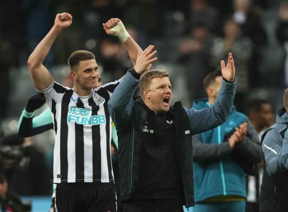 Newcastle United’s Sven Botman and manager Eddie Howe celebrate (Action Images via Reuters)