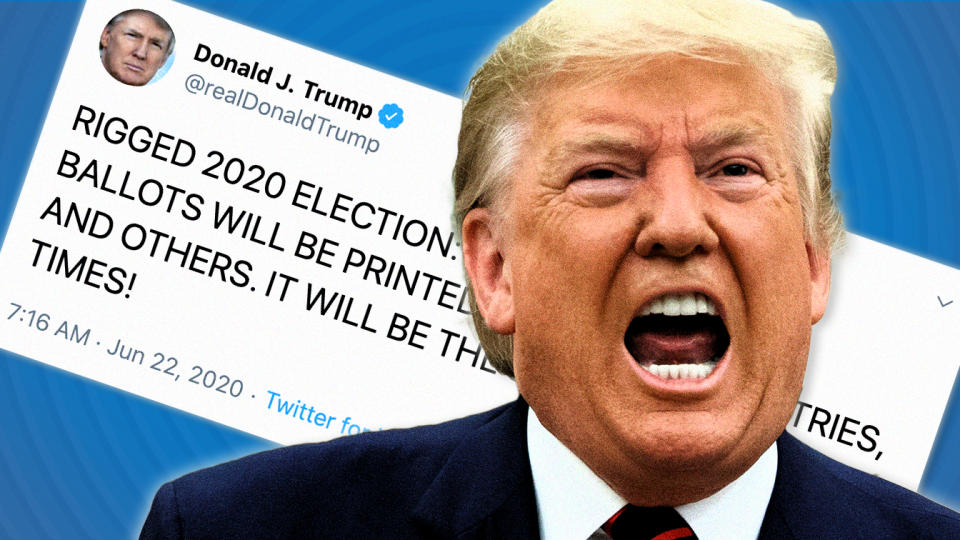 President Trump tweets. (Photo illustration: Yahoo News; photos: AP, Getty Images)