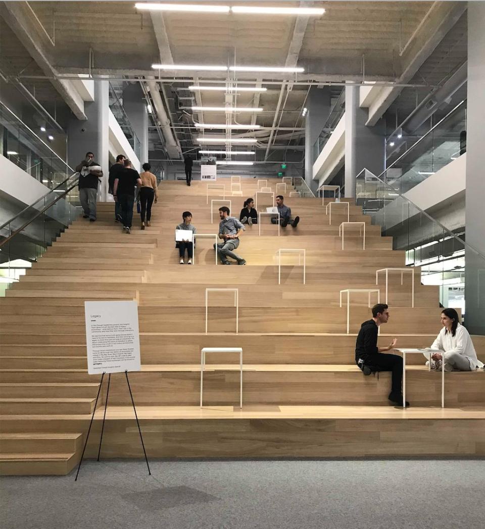 Square employees hang out on this giant staircase inside headquarters on Market Street in San Francisco. (Daniel Roberts/Yahoo Finance)