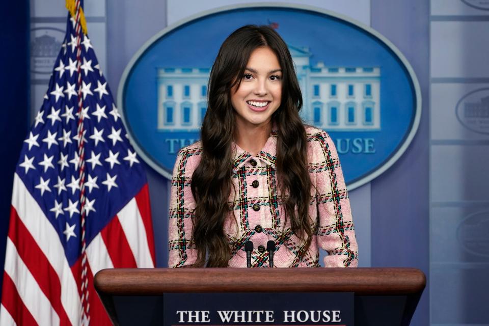 Teen pop star Olivia Rodrigo speaks at the beginning of the daily briefing at the White House in Washington, Wednesday, July 14, 2021. Rodrigo is at the White House to film a vaccination video. (AP Photo/Susan Walsh) ORG XMIT: DCSW101