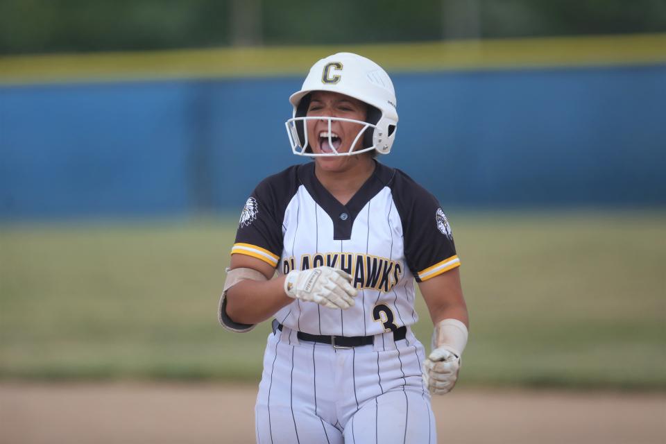 Cowan softball's Aryonna Bynum in the team's IHSAA semistate first-round game against Rossville at Frankfort High School on Saturday, June 3, 2023.