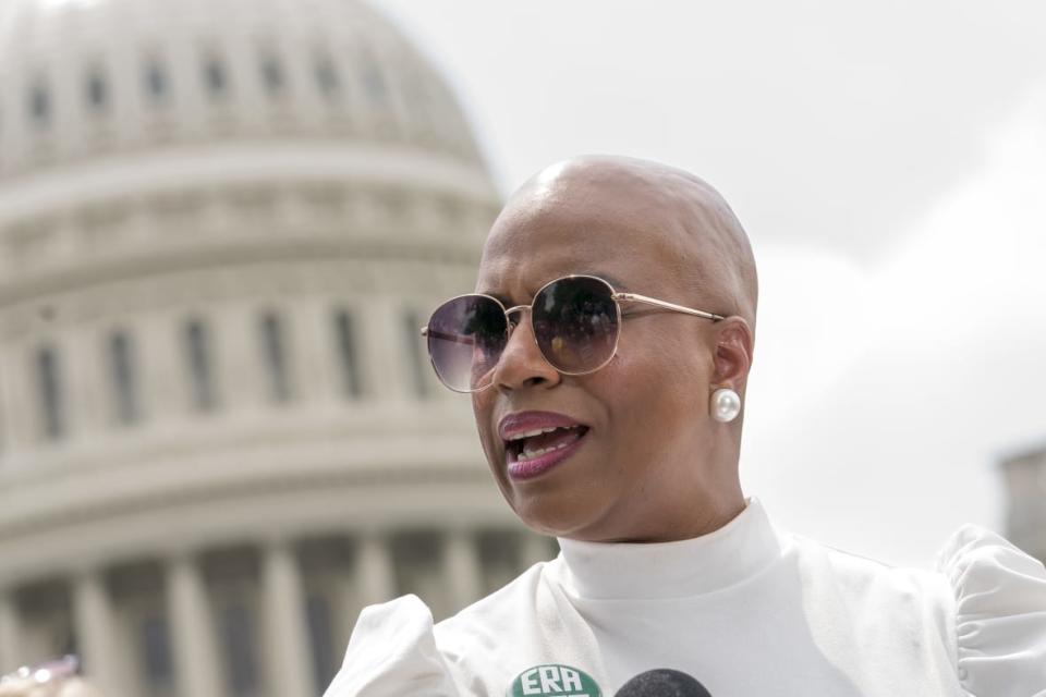 Rep. Ayanna Pressley, D-Mass., tells reporters she wants to remove the deadline for ratification of the Equal Rights Amendment, during a news conference at the Capitol in Washington, Thursday, April 27, 2023. Senate Republicans on Thursday blocked a Democratic measure to revive the Equal Rights Amendment, which would have removed a 1982 deadline for state ratification and reopened the process to amend the Constitution. (AP Photo/J. Scott Applewhite)