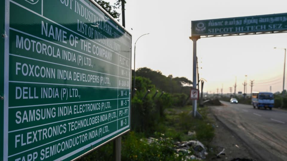 A sign board showing the plot information of Foxconn India's production unit at a special economic zone in Sriperumbudur, on the outskirts of Chennai. on December 28, 2021. - Arun Sankar/AFP/Getty Images