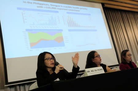 Doctor Ng Su Peing, Sanofi Pasteur Global Medical Head, gestures during a media briefing on a suspended dengue vaccine made by Sanofi, at a hotel in Taguig city, Metro Manila, Philippines December 4, 2017. REUTERS/Romeo Ranoco