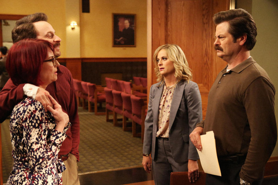 Amy Poehler, Nick Offerman, Megan Mullaly, and Jon Glaser in 'Ron & Jammy', (Season 7, ep. 702, aired Jan. 13, 2015)