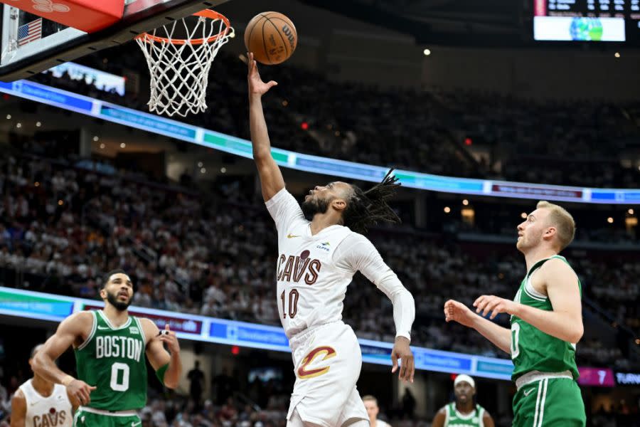 CLEVELAND, OHIO – MAY 13: Darius Garland #10 of the Cleveland Cavaliers drives to the basket by <a class="link " href="https://sports.yahoo.com/nba/players/6619/" data-i13n="sec:content-canvas;subsec:anchor_text;elm:context_link" data-ylk="slk:Sam Hauser;sec:content-canvas;subsec:anchor_text;elm:context_link;itc:0">Sam Hauser</a> #30 of the Boston Celtics during the third quarter in Game Four of the Eastern Conference Second Round Playoffs at Rocket Mortgage Fieldhouse on May 13, 2024 in Cleveland, Ohio. NOTE TO USER: User expressly acknowledges and agrees that, by downloading and or using this photograph, User is consenting to the terms and conditions of the Getty Images License Agreement. (Photo by Nick Cammett/Getty Images)