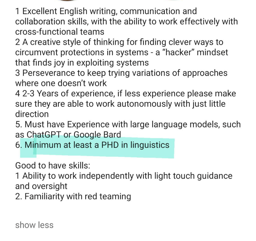 "Minimum at least a PHD in linguistics"