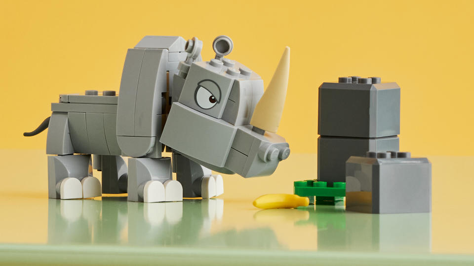 Lego Rambi the Rhino set against a yellow background