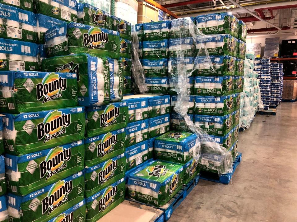 Pallets of Bounty paper towel packs at Costco