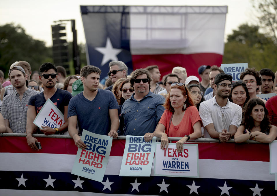 Supporters of Democratic presidential candidate Elizabeth Warren, D-Mass., wait for the candidate to appear during a town hall on Tuesday, Sept. 10, 2019, in Austin, Texas. (Nick Wagner/Austin American-Statesman via AP)