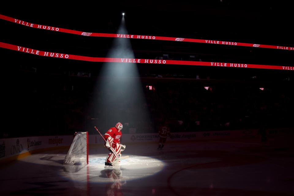 Red Wings goalie Ville Husso is introduced prior to playing against the Kraken on Tuesday, Oct. 24, 2023, at Little Caesars Arena.