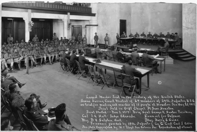 <p>War Department/Buyenlarge/Getty</p> The trial for the 110 U.S. Army soldiers was held in Gift Chapel Fort Sam in Houston in 1917.