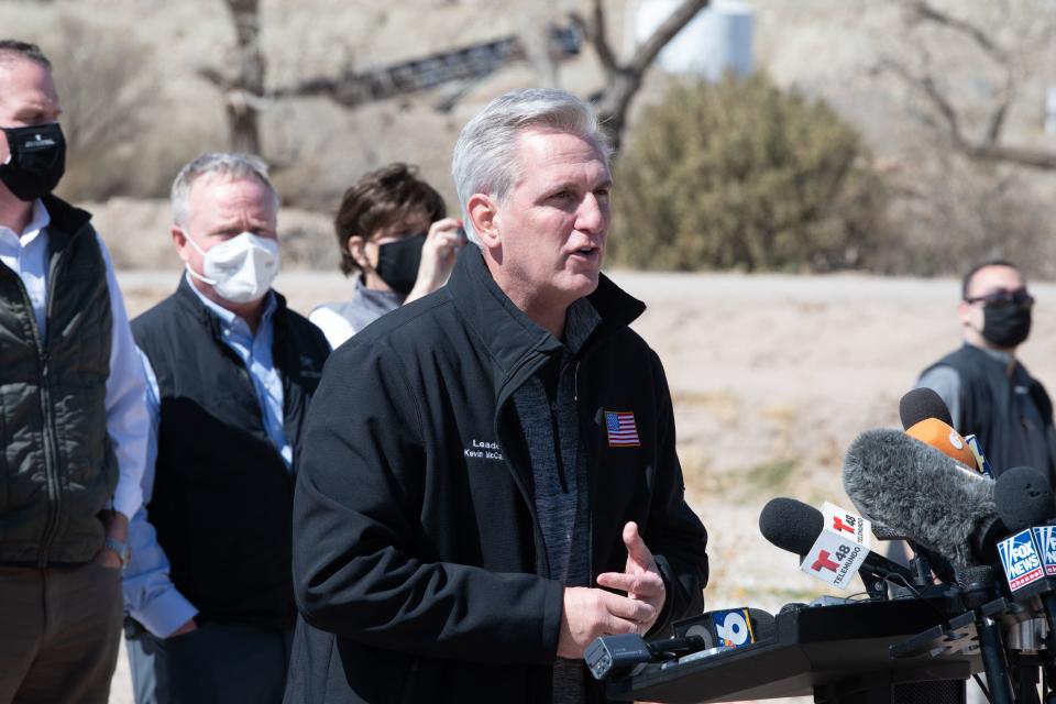 House Minority Leader Kevin McCarthy addresses the press during the congressional border delegation visit to El Paso, Texas on March 15, 2021. (Justin Hamel / AFP via Getty Images)