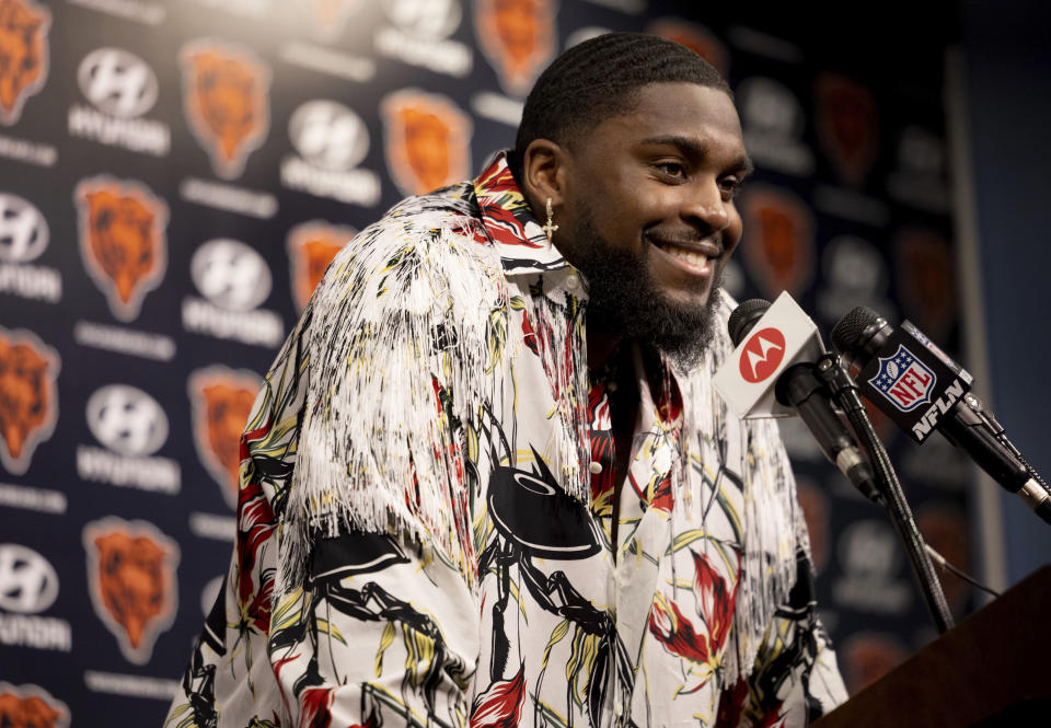 Chicago Bears NFL football cornerback Jaylon Johnson speaks with the media at Halas Hall in Lake Forest, Ill., Monday, March 11, 2024. The Chicago Bears' fifth-year cornerback signed a four-year contract extension last week for a reported $76 million, and on Monday revealed he regarded it as a personal triumph not merely because it confirmed his football abilities. (Stacey Wescott/Chicago Tribune via AP)