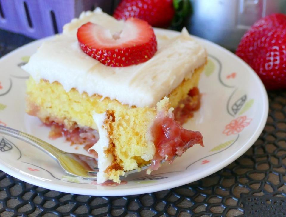 <p>Hot Eats and Cool Reads</p><p>You can use fresh or frozen rhubarb here, so you can enjoy this cake year-round.</p><p><strong>Get the recipe: <a href="https://www.hoteatsandcoolreads.com/2020/04/strawberry-rhubarb-cake-with.html" rel="nofollow noopener" target="_blank" data-ylk="slk:Strawberry Rhubarb Cake with Buttercream Frosting;elm:context_link;itc:0;sec:content-canvas" class="link ">Strawberry Rhubarb Cake with Buttercream Frosting</a></strong></p>
