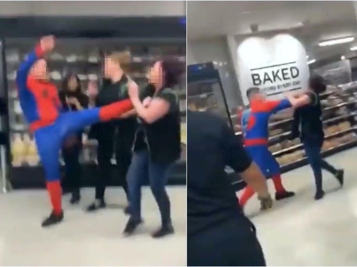 Shocking footage of supermarket brawl shows man in 'Spider-Man' costume  going berserk and knocking out a female employee