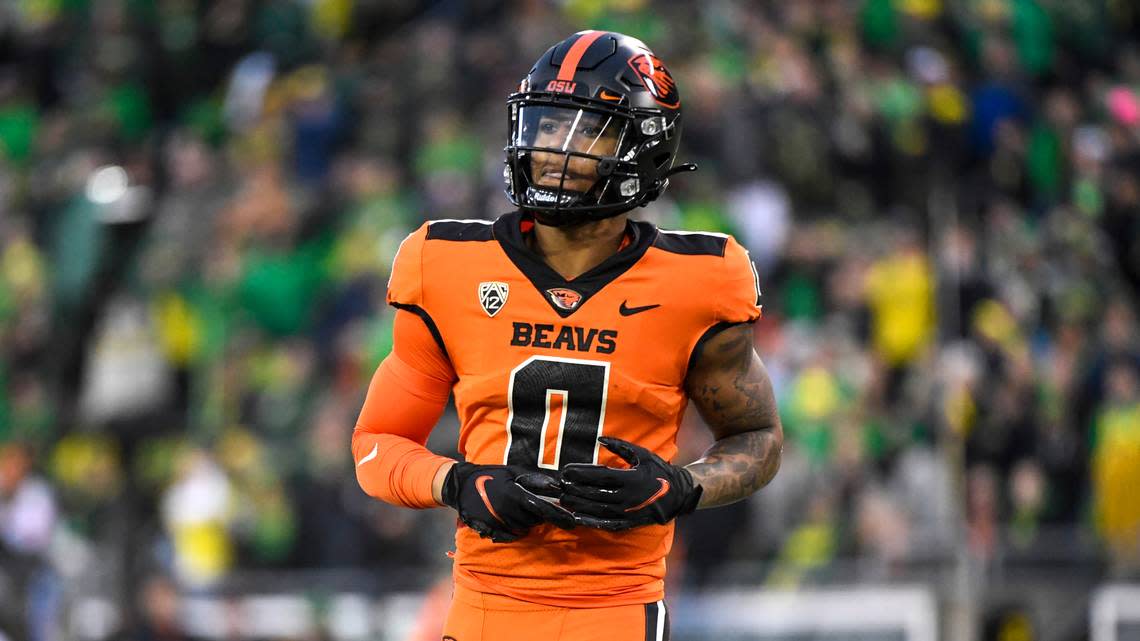 Oregon State wide receiver Tre’Shaun Harrison (0) during an NCAA college football game Saturday, Nov. 27, 2021, in Eugene, Ore. (AP Photo/Andy Nelson)