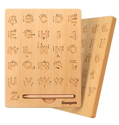 A double-sided alphabet practice board