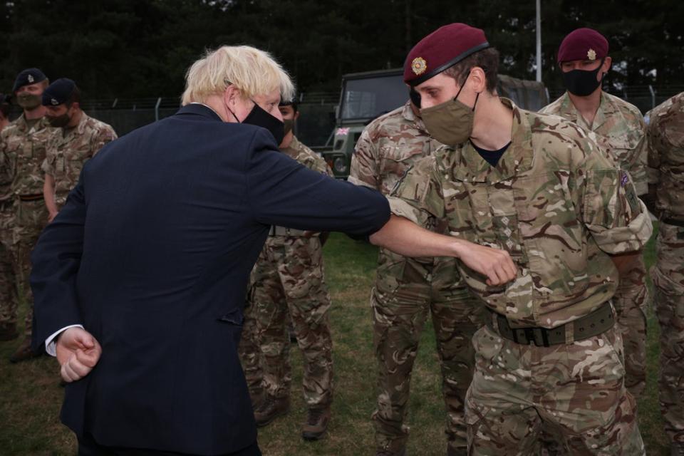 Prime Minister Boris Johnson meets members of 16 Air Assault Brigade at the Brigade Headquarters at Merville Barracks in Colchester (Dan Kitwood/PA) (PA Wire)