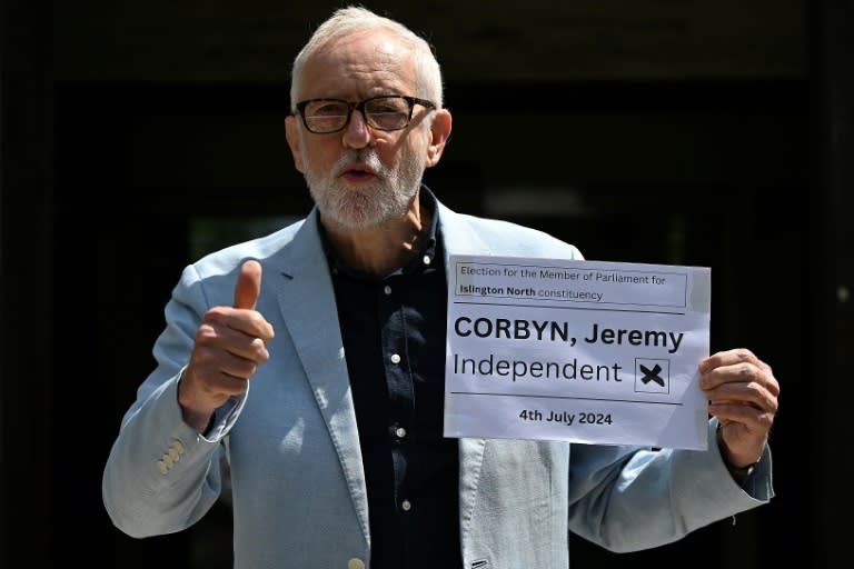 Britain's former Labour Party leader Jeremy Corbyn poses outside Islington Town Hall in London on June 5, 2024 after submitting his nomination papers to officially stand as an Independent candidate in Islington North for the July 4 general election. (JUSTIN TALLIS)