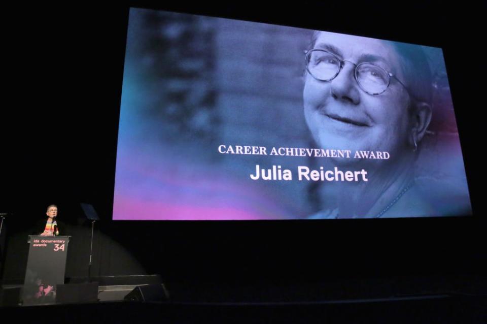LOS ANGELES, CA - DECEMBER 08:  Julia Reichert accepts the Career Achievement Award onstage during the 2018 IDA Documentary Awards on December 8, 2018 in Los Angeles, California.  (Photo by Rebecca Sapp/Getty Images for International Documentary Association)