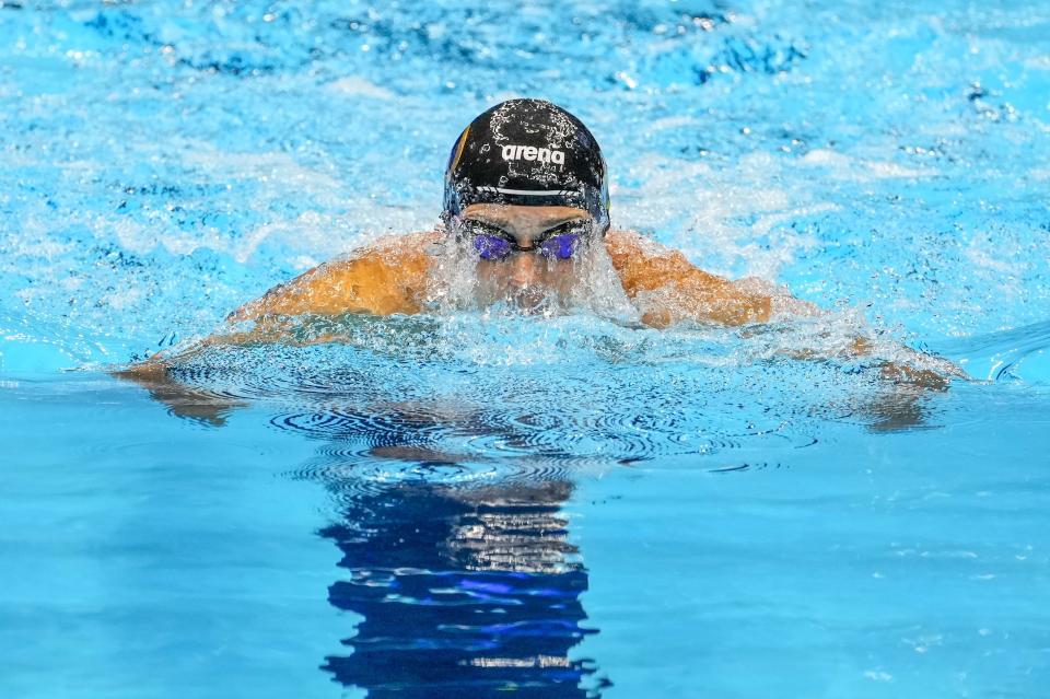 Gabrielle Rose swims during the Women's 100 breaststroke preliminary heat Sunday, June 16, 2024, at the US Swimming Olympic Trials in Indianapolis. (AP Photo/Darron Cummings)