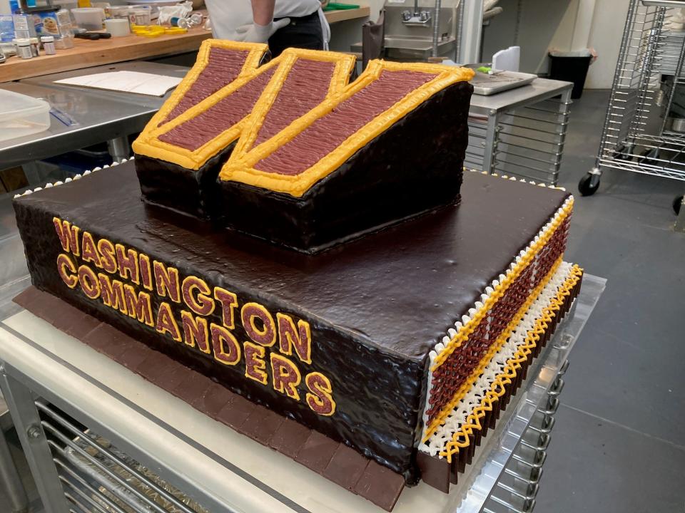 Seth Greenberg of Seth Greenberg Just Desserts in Larchmont was asked to create a cake to reveal the new name of the Washington football team, the Washington Commanders. The cake weighed 75 pounds and took 34 man hours to complete.