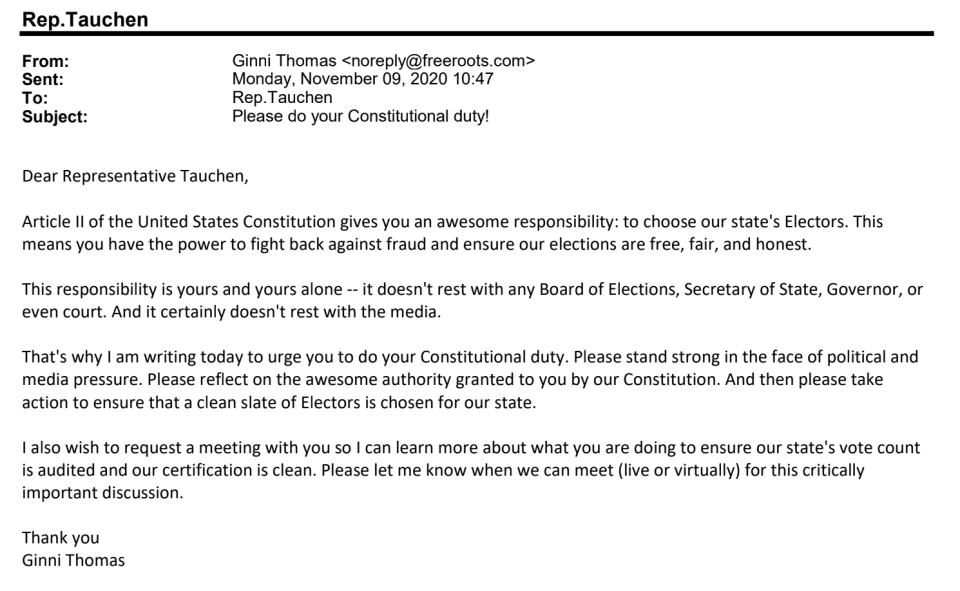 One of at least two emails Ginni Thomas sent to Wisconsin lawmakers urging them to overturn the 2020 election results in November 2020. 