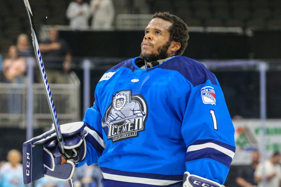 Jacksonville Icemen goaltender Charles Williams lines up during introductions before Friday's playoff game against the Greenville Swamp Rabbits.