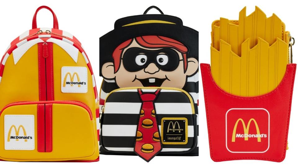 loungefly x mcdonalds backpacks with ronald's jumpsuit, hamburglar, and a wallet that looks like mcdonald's fries