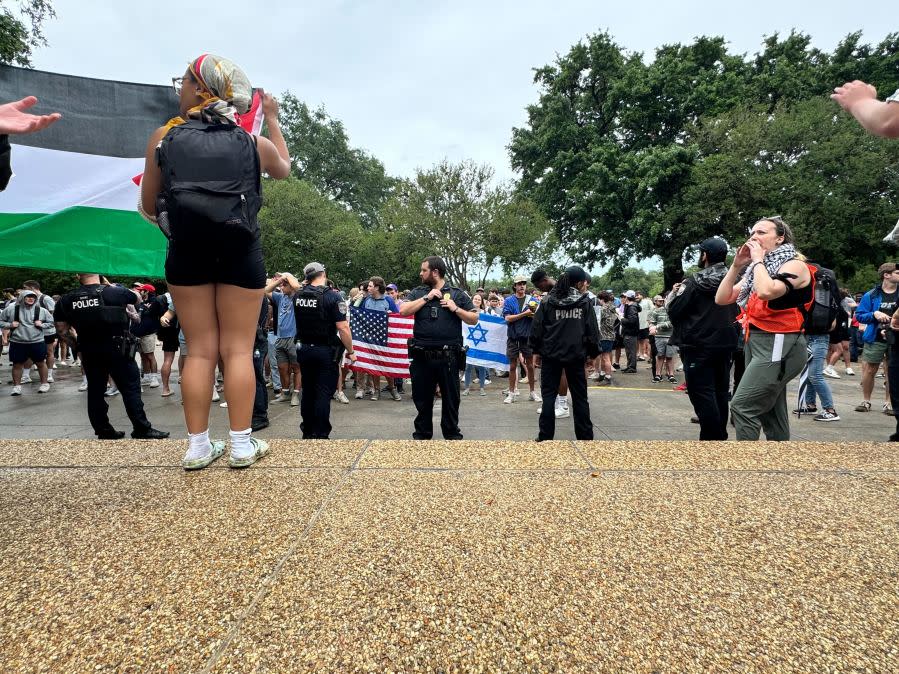 LSU students rallied in support of Palestine on Friday, May 3, at Patrick F. Taylor Hall. The event drew a counterprotest supporting Israel. (Credit: Sudan Britton)