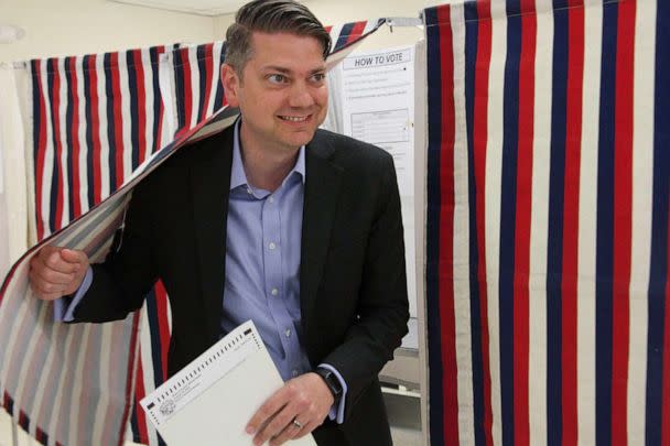 PHOTO: Nick Begich, a Republican candidate for both the special election and the regular primary for Alaska's open U.S. House seat, emerges from a booth after voting on Aug. 10, 2022, in Anchorage, Alaska. (Mark Thiessen/AP)