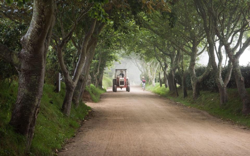 a tractor and a cyclist on the Channel Island of Sark