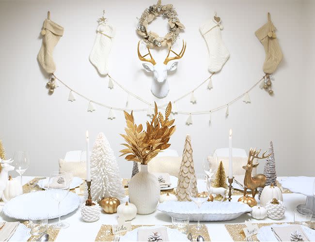 <p>Want an elegant table that's also fun and modern? Try white and gold everything. Hang some antlers on the wall for a wintry touch.</p><p>See more at <a href="http://www.inspiredbythis.com/dwell/gold-holiday-party/" rel="nofollow noopener" target="_blank" data-ylk="slk:Inspired by This;elm:context_link;itc:0;sec:content-canvas" class="link ">Inspired by This</a>.</p>