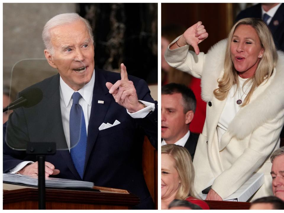 A composite image of President Joe Biden and Rep. Marjorie Taylor Greene, a Georgia Republican, booing the president during the State of the Union.