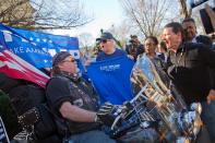 <p>A Trump supporter, left, is surrounded by demonstrators during a rally in downtown Washington, D.C., on Feb. 20, 2017. The rally is one of several “Not My President’s Day” protests across the country to mark the Presidents’ Day holiday. (AP Photo/Pablo Martinez Monsivais) </p>