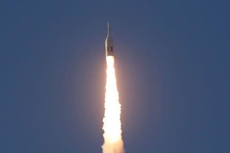 The Ascent Abort-2 of NASA's Orion spacecraft's emergency launch abort system lifts off during a flight test from the Cape Canaveral Air Force Station in Cape Canaveral