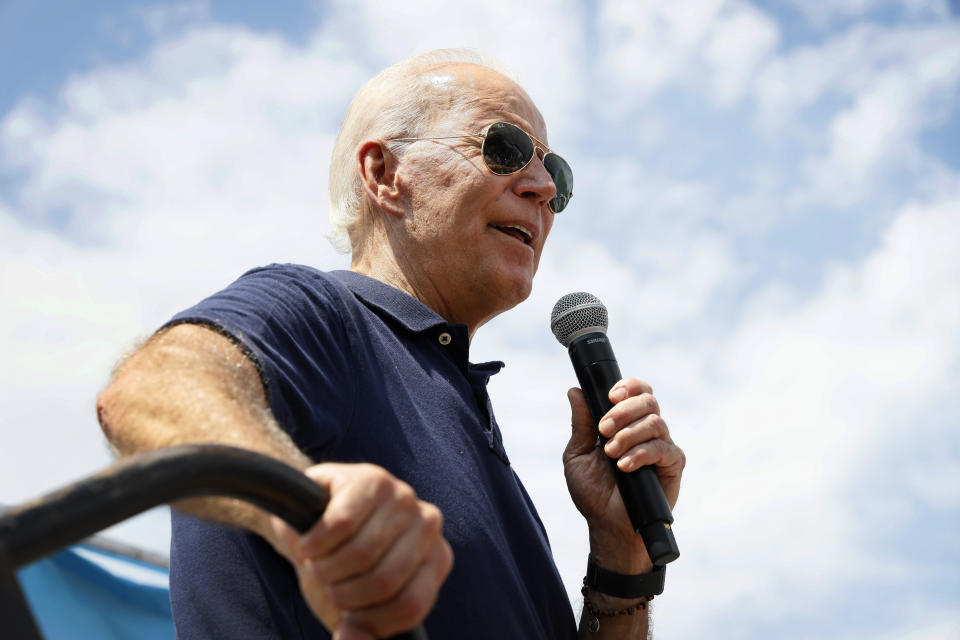 Former Vice President Joe Biden speaks at the Iowa State Fair in Des Moines on Thursday. (AP Photo/Charlie Neibergall)